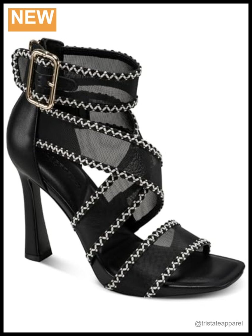 Strappy Heeled Stiletto Pump with Sheer Trim Open Toe Buckle Closure